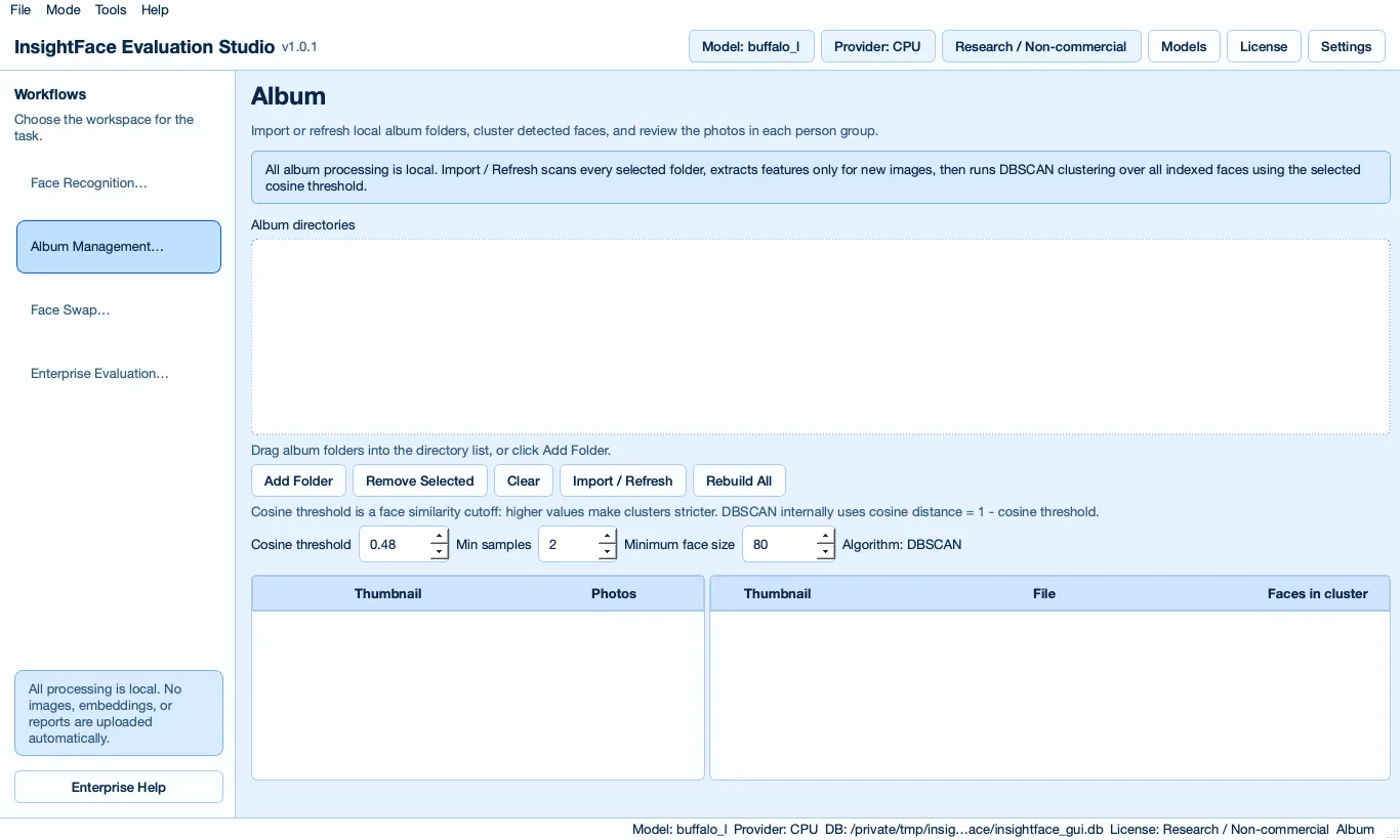 InsightFace Album Management mode for local photo folder clustering