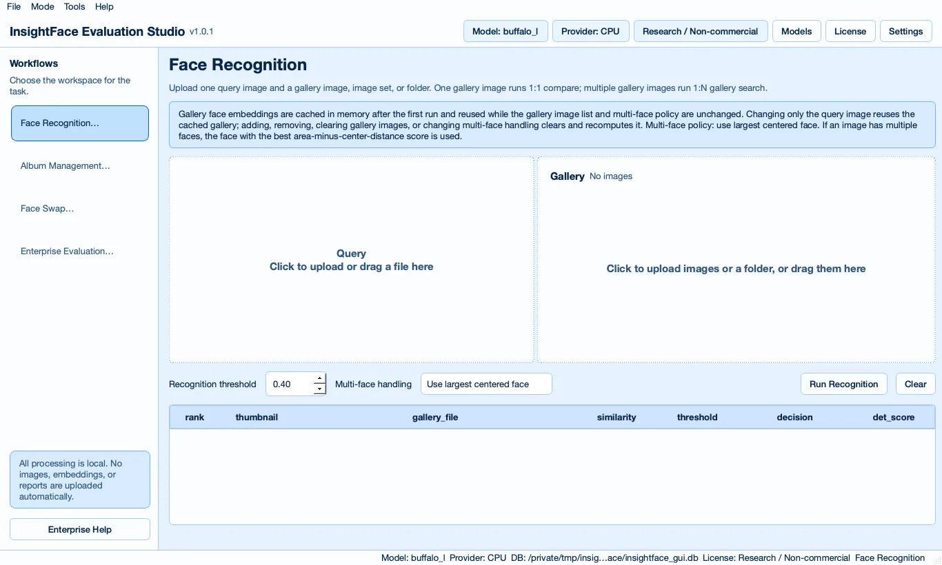 InsightFace Face Recognition mode with Query and Gallery upload panels