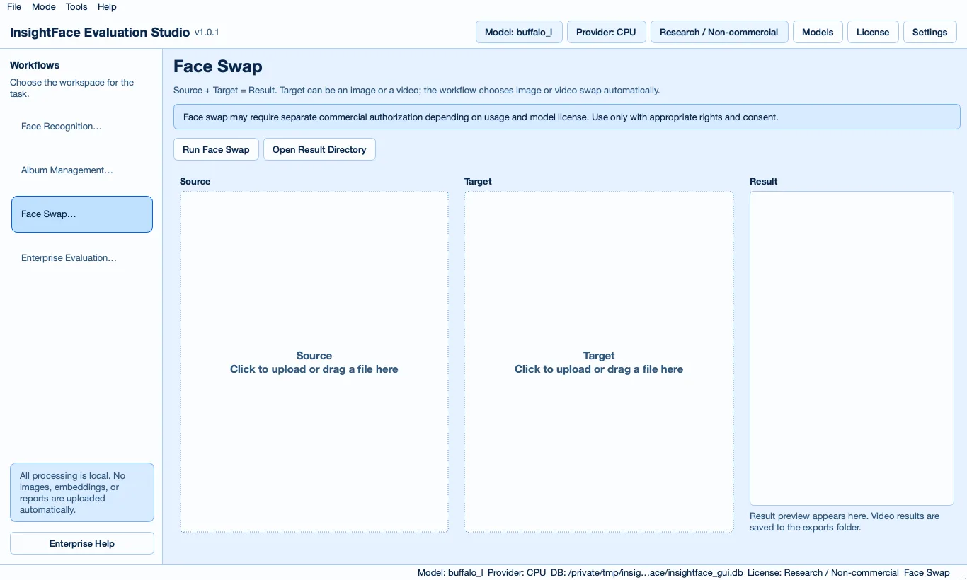 InsightFace Face Swap mode with Source, Target, and Result panels