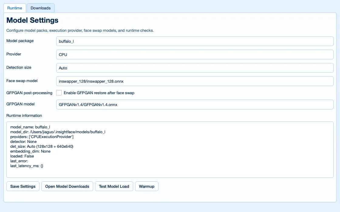 InsightFace Model Manager dialog for runtime and model downloads