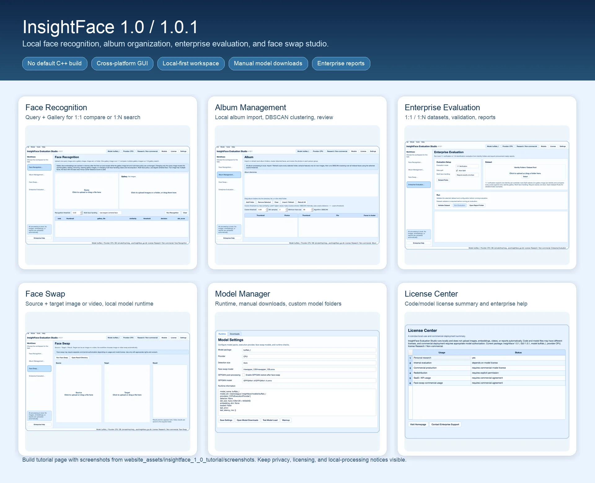 InsightFace Evaluation Studio overview with Face Recognition, Album Management, Enterprise Evaluation, Face Swap, Models, and License screens