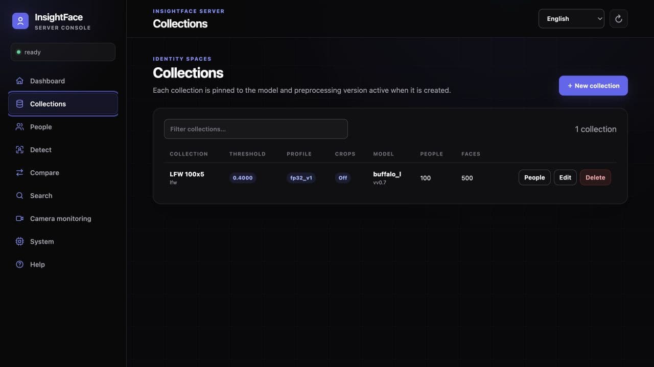 InsightFace Server Collections screen showing isolated face identity databases