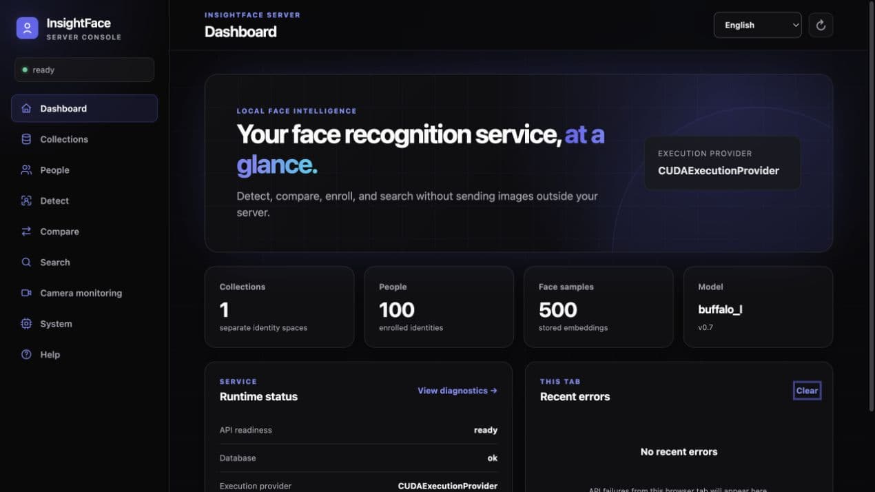 InsightFace Server dashboard showing a ready local CUDA face recognition deployment