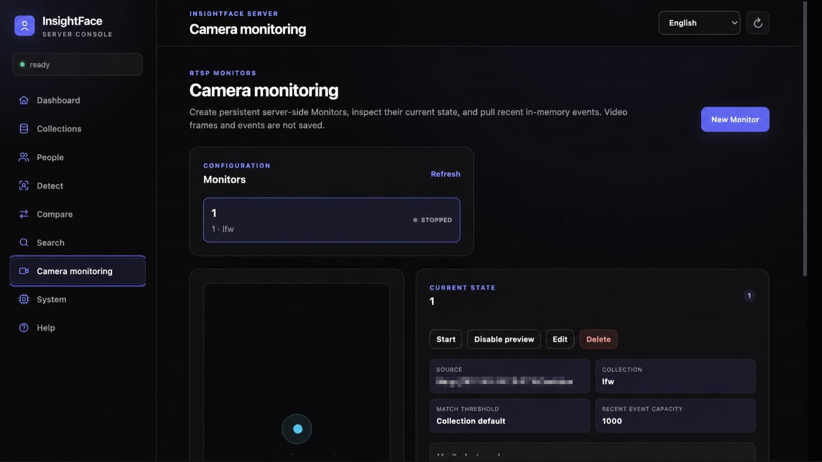 InsightFace Server Camera monitoring screen showing a persistent RTSP recognition task